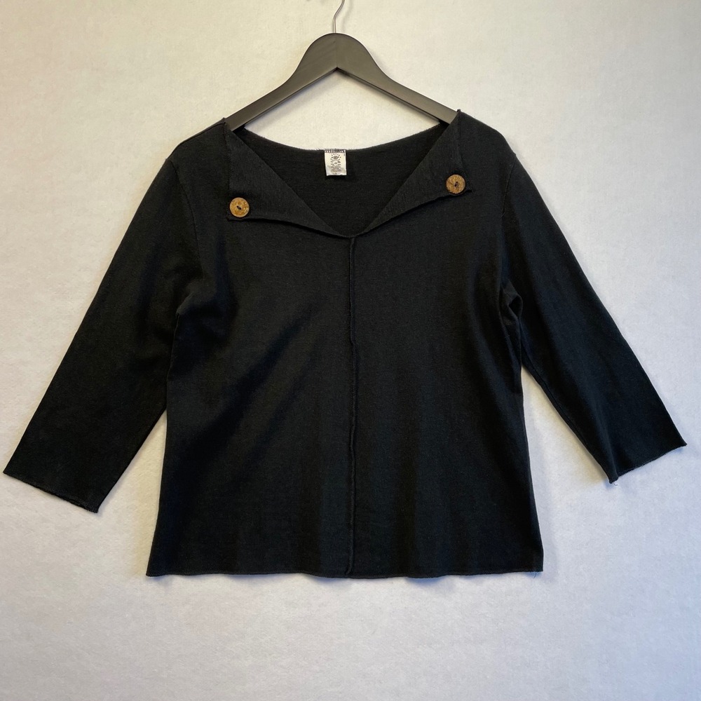 Earth Creations Hemp Organic Cotton Knit‎ Top Black Button Collar Womens Large